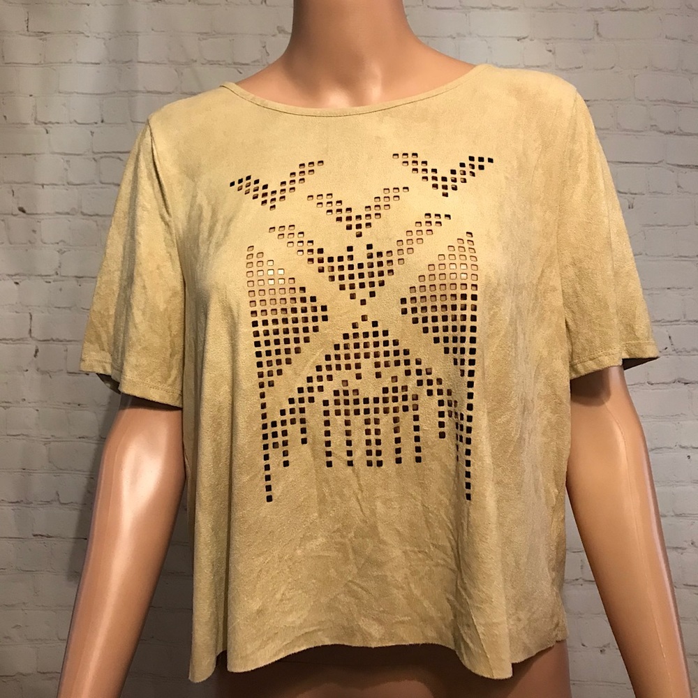 Millibon tan faux suede cutout design top size large boho comfy